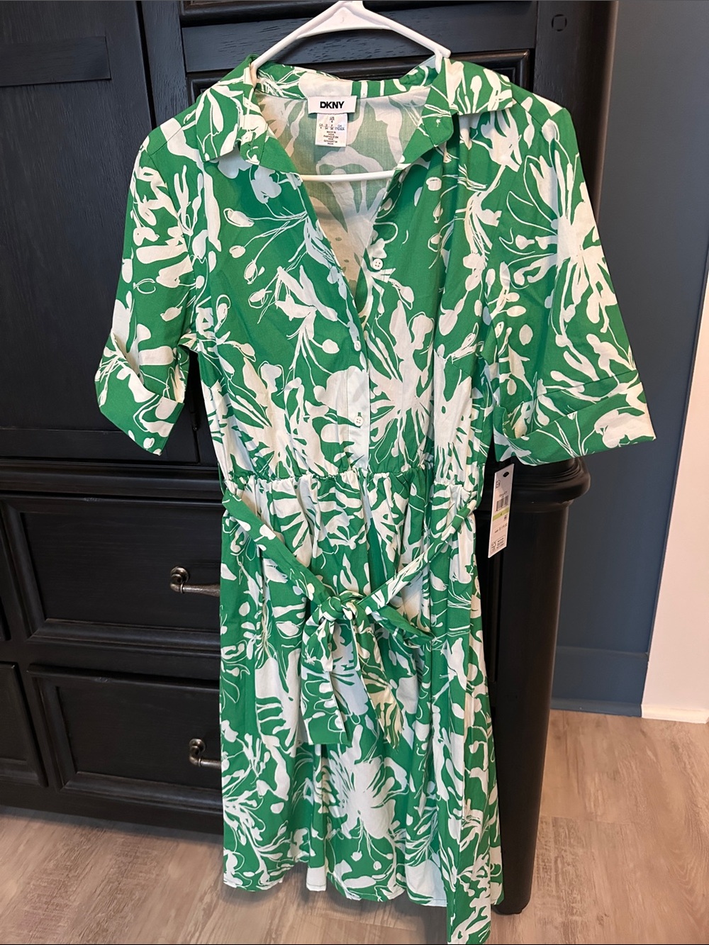 DKNY Green and White Floral Shirt Dress with Tie Waist